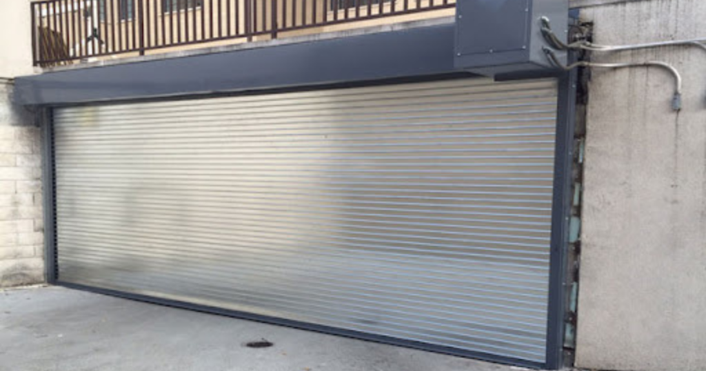 Metal shutter closes off space.